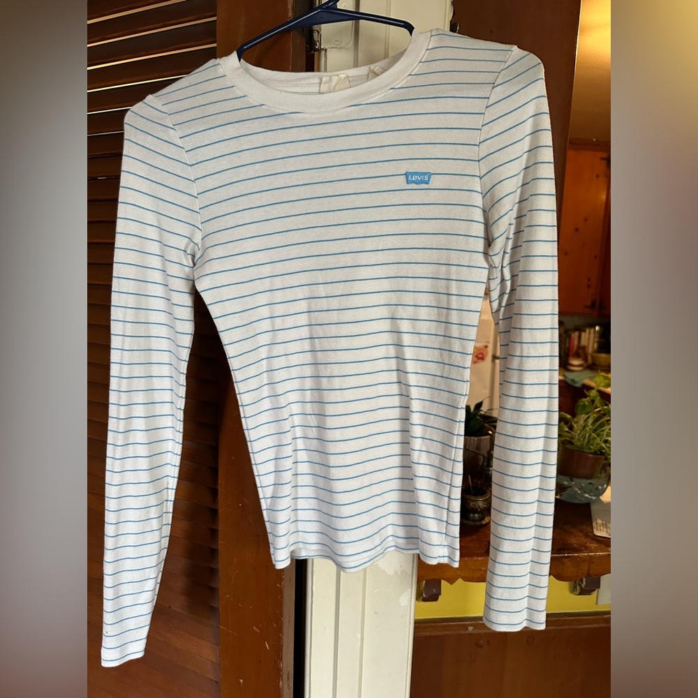 Levi’s White and Blue Striped Long Sleeve Basic Tee - Women’s Size XS